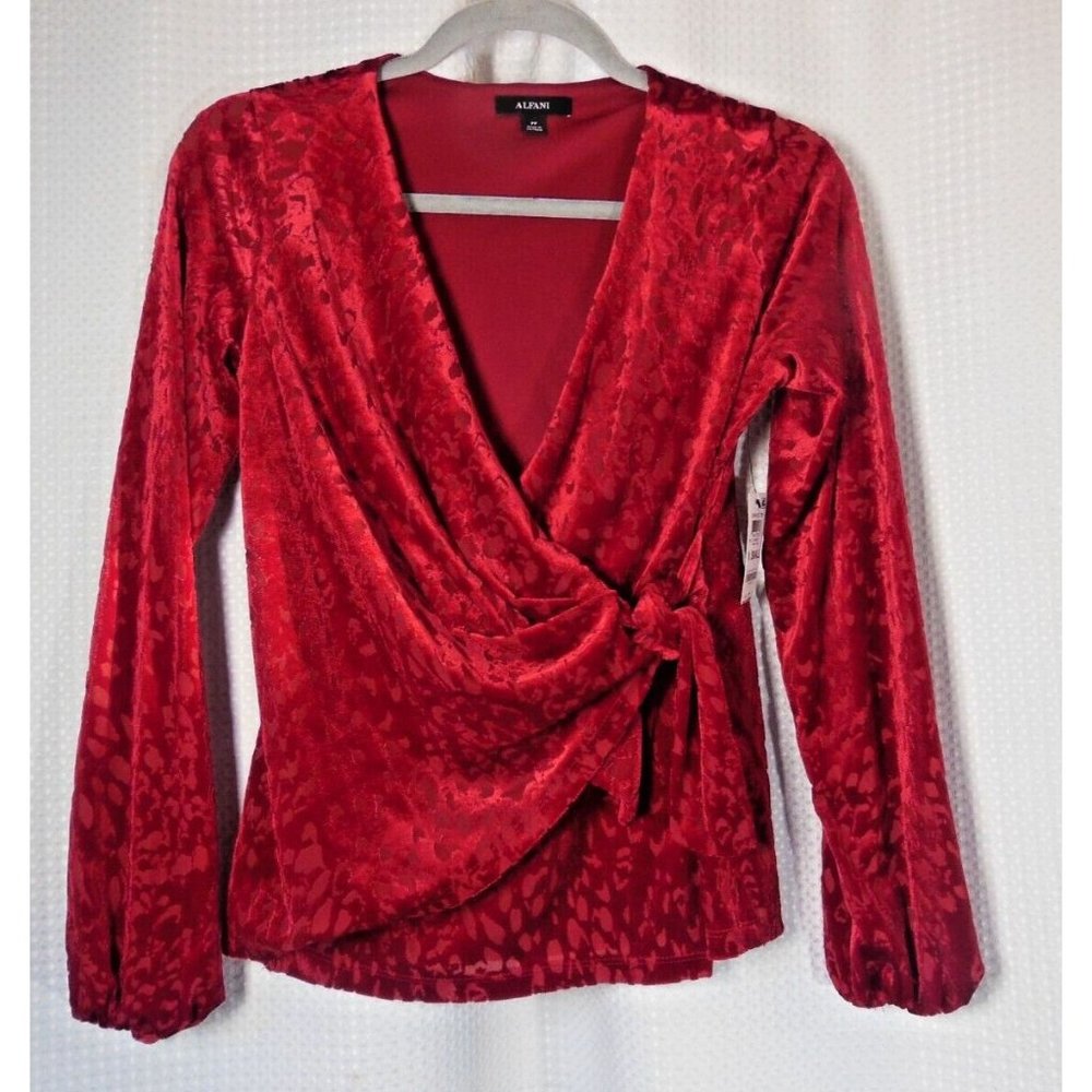 Alfani Womens Blouse Top Size XS Long Sleeve V Neck Front Tie Burgundy/wine NWT